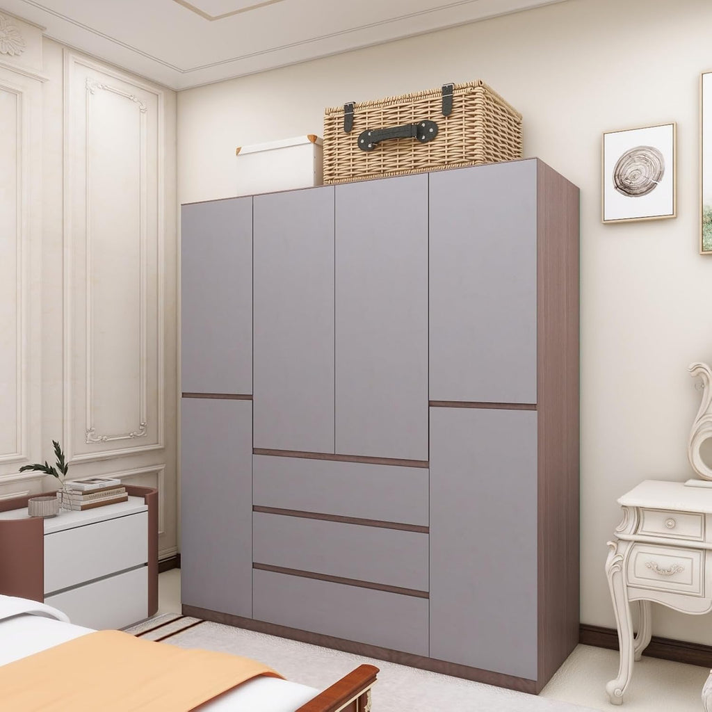 Wooden Armoire Wardrobe Closet, 4-Door 3 Drawers, Gray K556