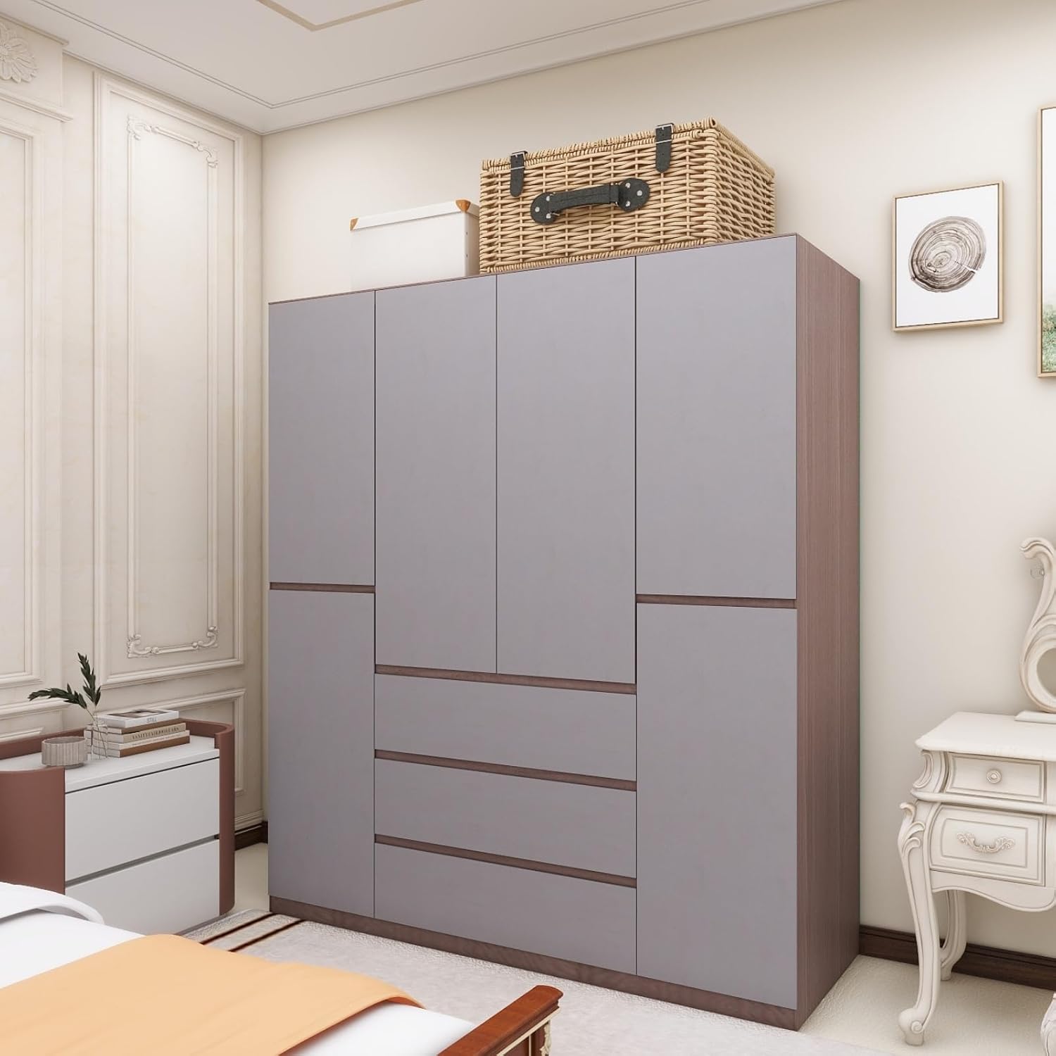 Wooden Armoire Wardrobe Closet, 4-Door 3 Drawers, Gray K556