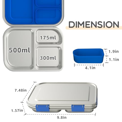Stainless Steel Kids Bento Lunch Box, 3 Compartments, BPA-Free, Blue B157
