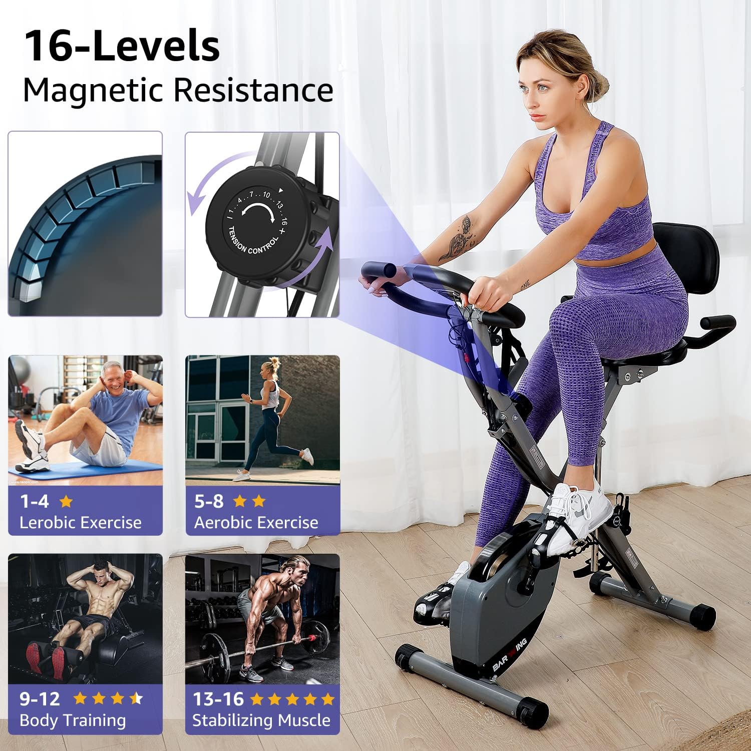 Stationary Exercise Bike for Home Workout, Foldable Indoor Cycling Bike, 330LB Capacity, 16-Level Magnetic Resistance F39408