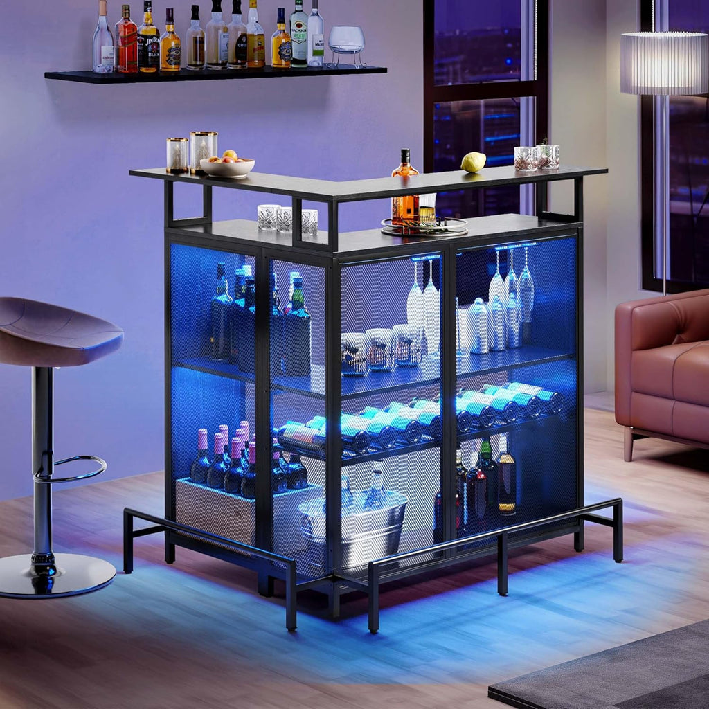L Shaped Mini Home Bar Unit with Music Sensing LED Light and Wine Rack Y696994