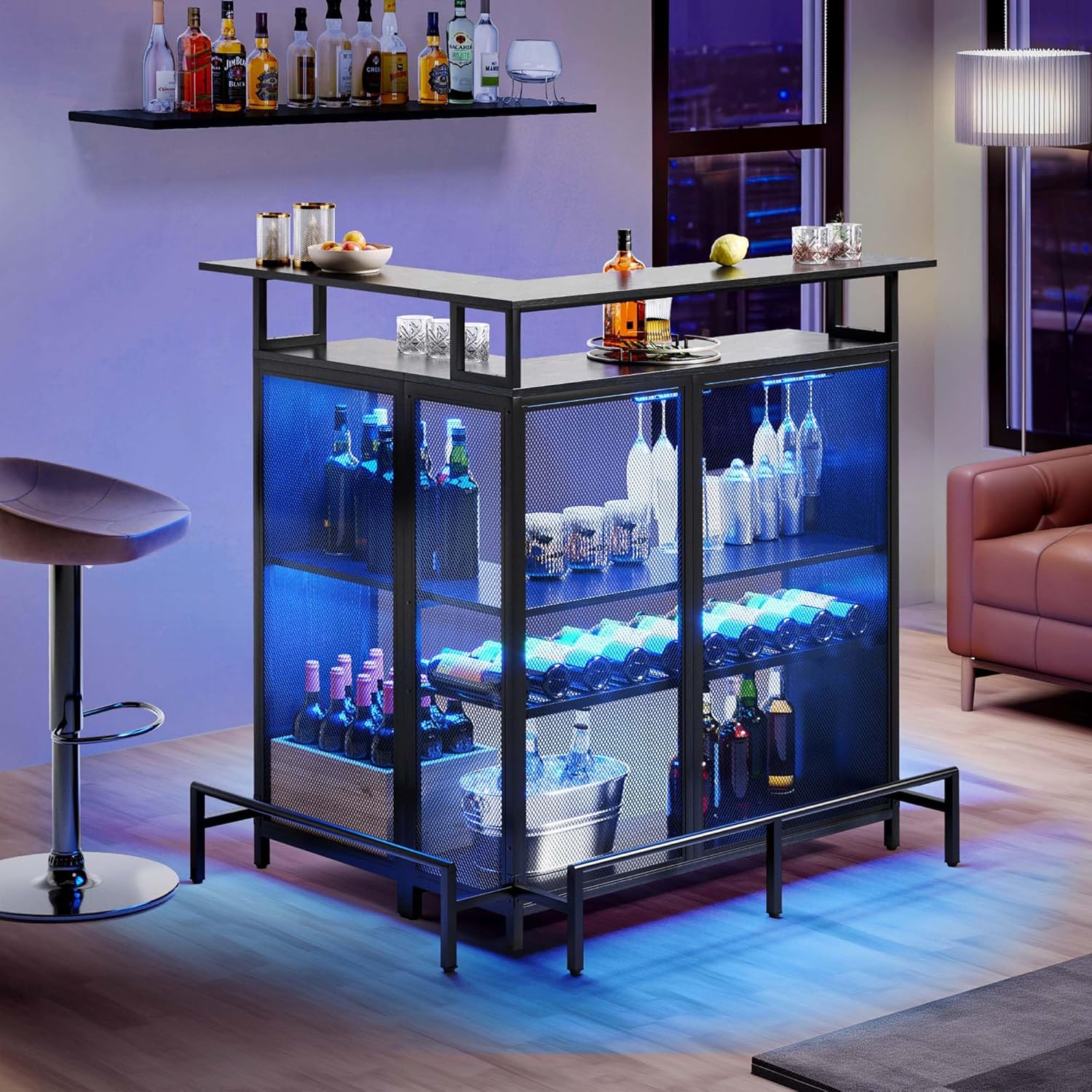 L Shaped Mini Home Bar Unit with Music Sensing LED Light and Wine Rack Y696994