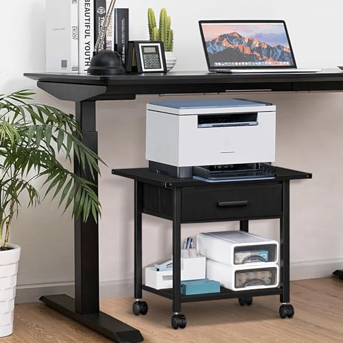 Under Desk Rolling Printer Stand with Drawer, 2-Tier Mobile Printer Table with Storage Shelf and Lockable Wheels, Black X985309