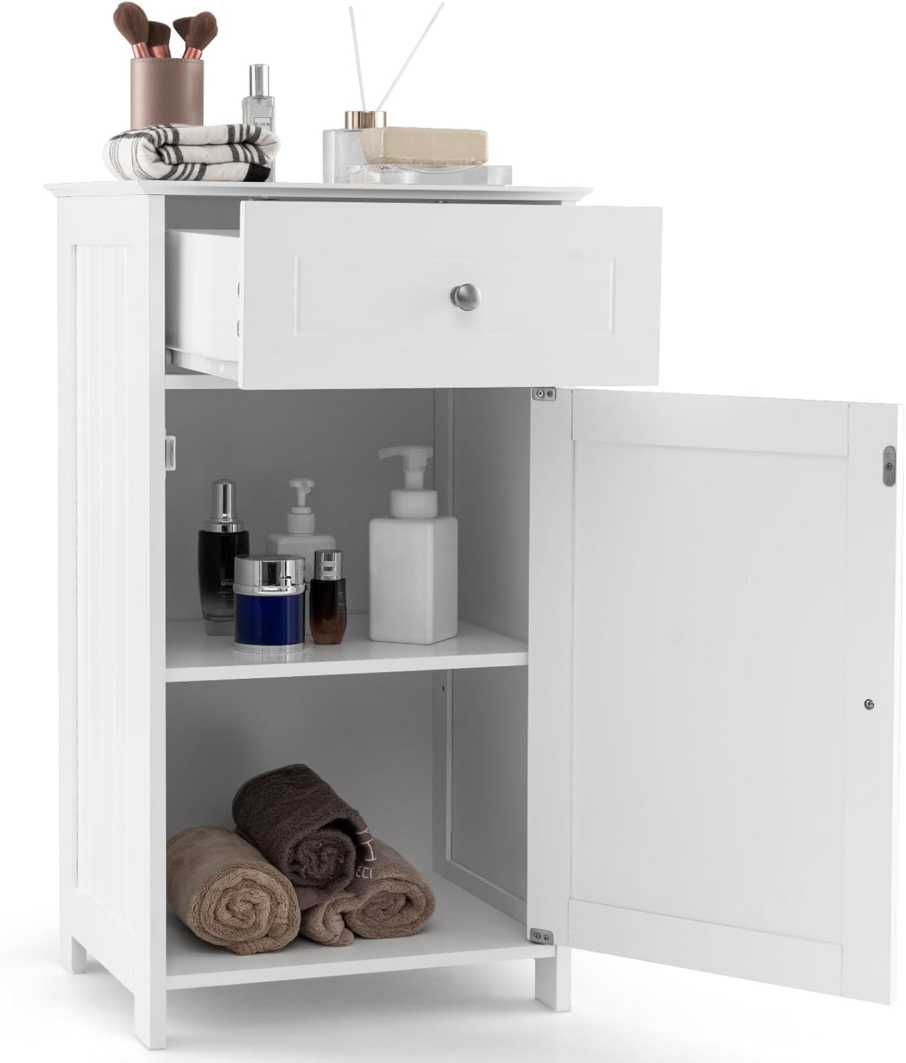 Narrow Bathroom Storage Cabinet, Wooden Freestanding Floor Cabinet with Drawer, Single Door, 3-Level Adjustable Shelf, Modern Corner Storage Organizer for Bathroom, Living Room, Kitchen