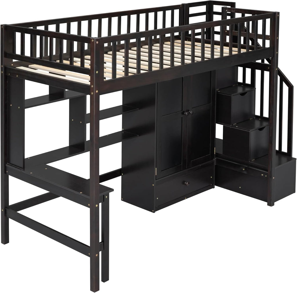 Twin Size Loft Bed with Stairs, Desk, Bookshelf, Drawers and Wardrobe, Solid Wood Frame Q2518