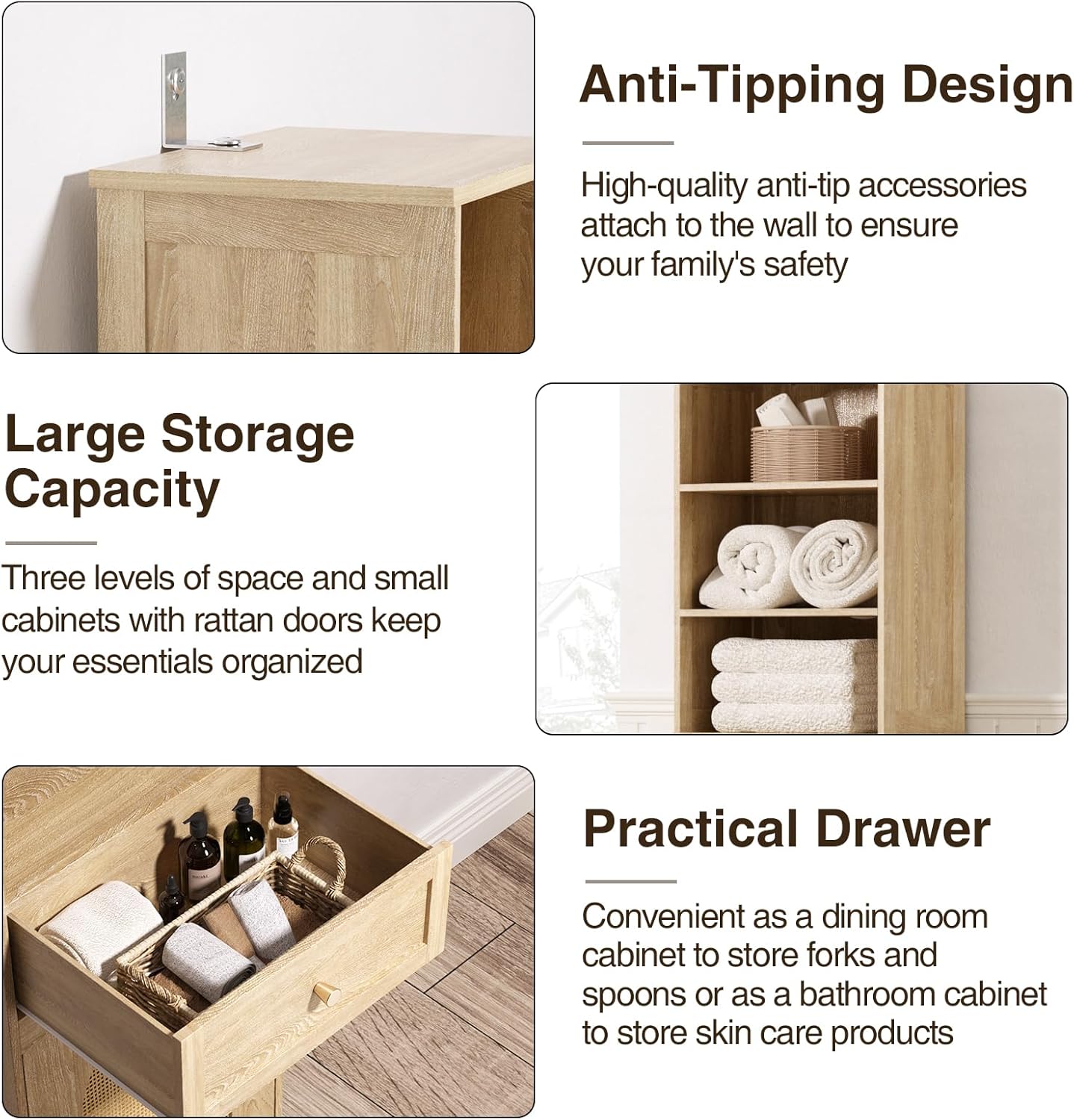 Linen Bathroom Storage Cabinet with Rattan Doors and Drawer K20674