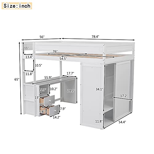 Loft Bed with Storage Wardrobe, Desk and Drawers, White M46168
