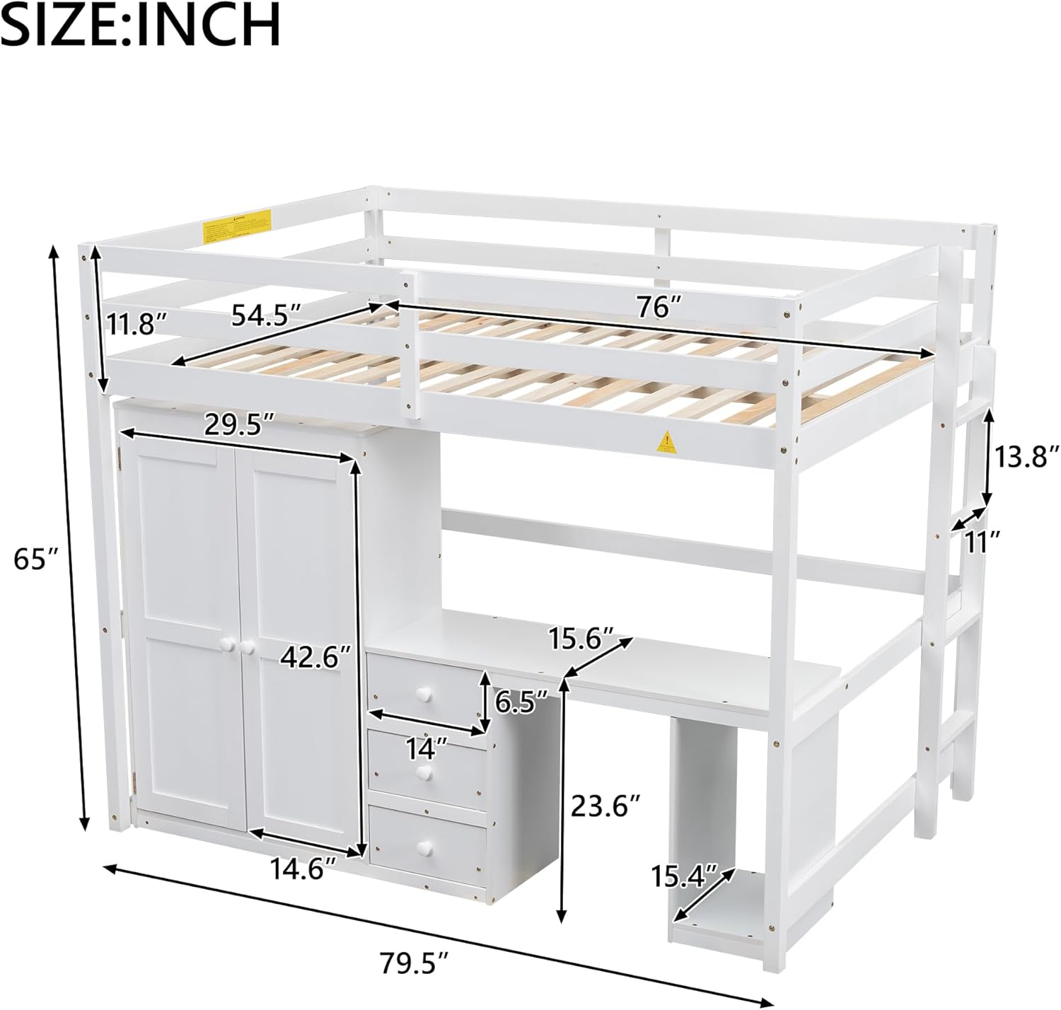 Loft Bed with Desk, Storage Drawers & Wardrobe for Kids, Solid Wood with Ladder and Safety Guardrails, White O62015