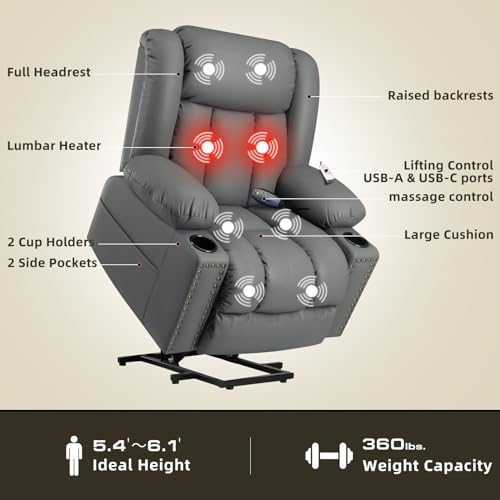 Power Lift Recliners for Elderly with Heat and Massage, Set of 2, 3 Position, Leather, USB Ports Y72935
