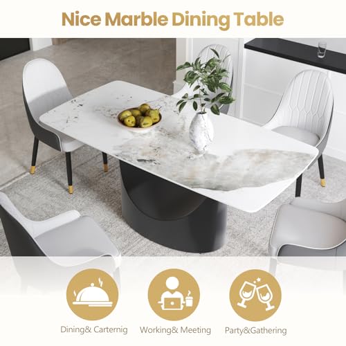 63" White Marble Sintered Stone Top Rectangular Dining Table with U-Shape Black Carbon Steel Pedestal C59820