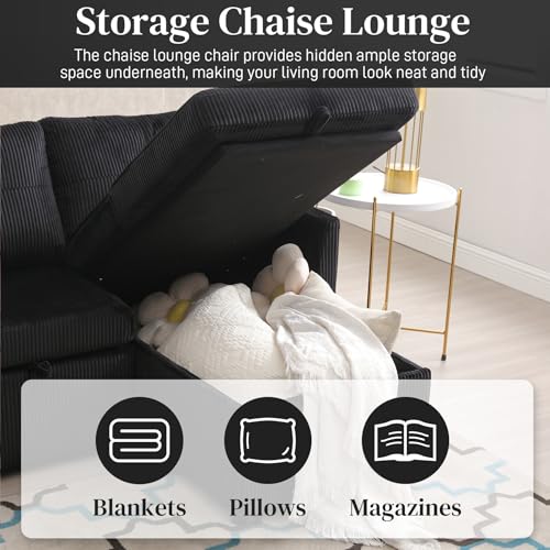 L-Shaped Sectional Sofa Bed with Storage Chaise, Corduroy, Beige Q244
