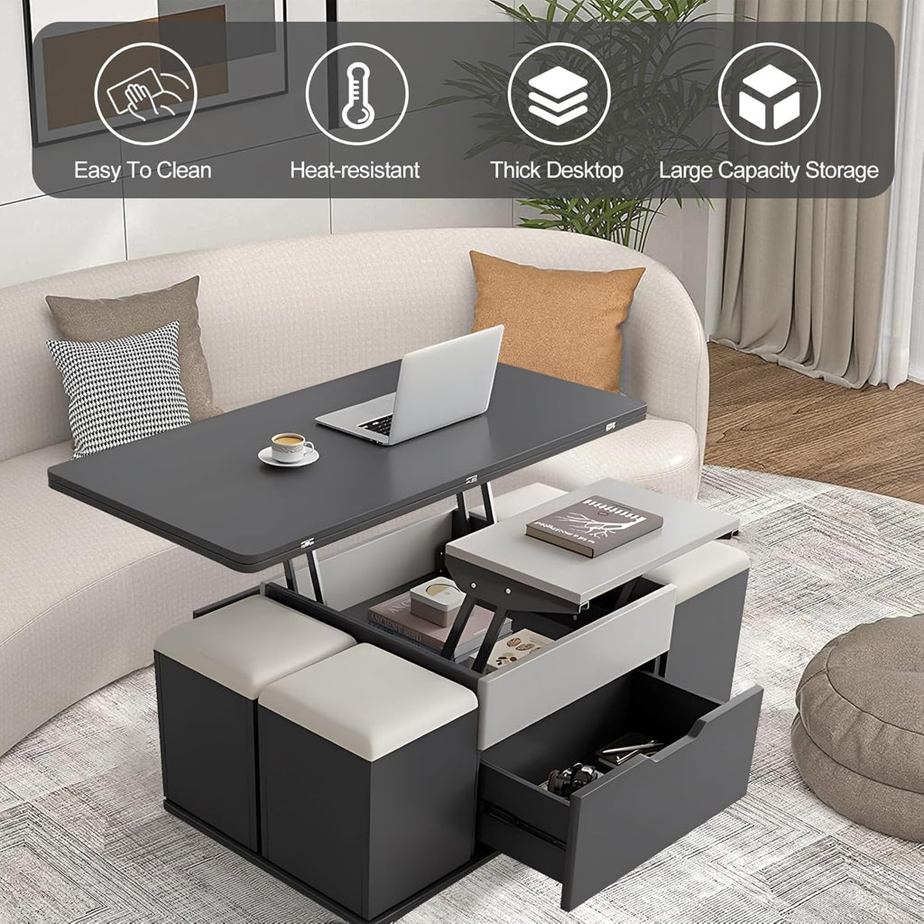 Lift Top Coffee Table, 3-in-1 Adjustable with Storage and Wheels E4192