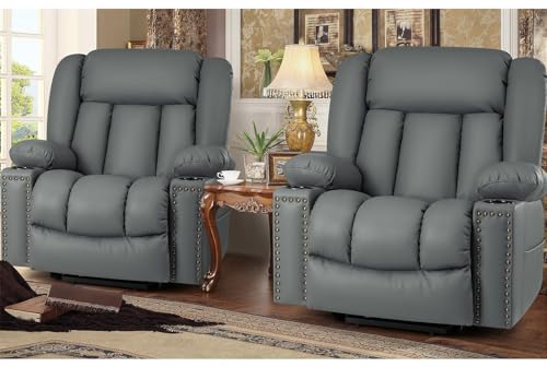 Large Power Lift Chairs Recliners for Elderly with Heat and Massage Set of 2, Overstuffed Lift Chairs, 3 Position, Breathable Leather, USB-A and USB-C, Cup Holder, Side Pocket Dark Brwon
