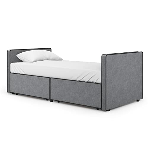 DG Casa Caden Twin Size Platform Bed Frame with 2 Storage Drawers Underneath - Upholstered in Gray Fabric - Ideal as Sofa Bed or Twin Daybed, Box Spring Not Required