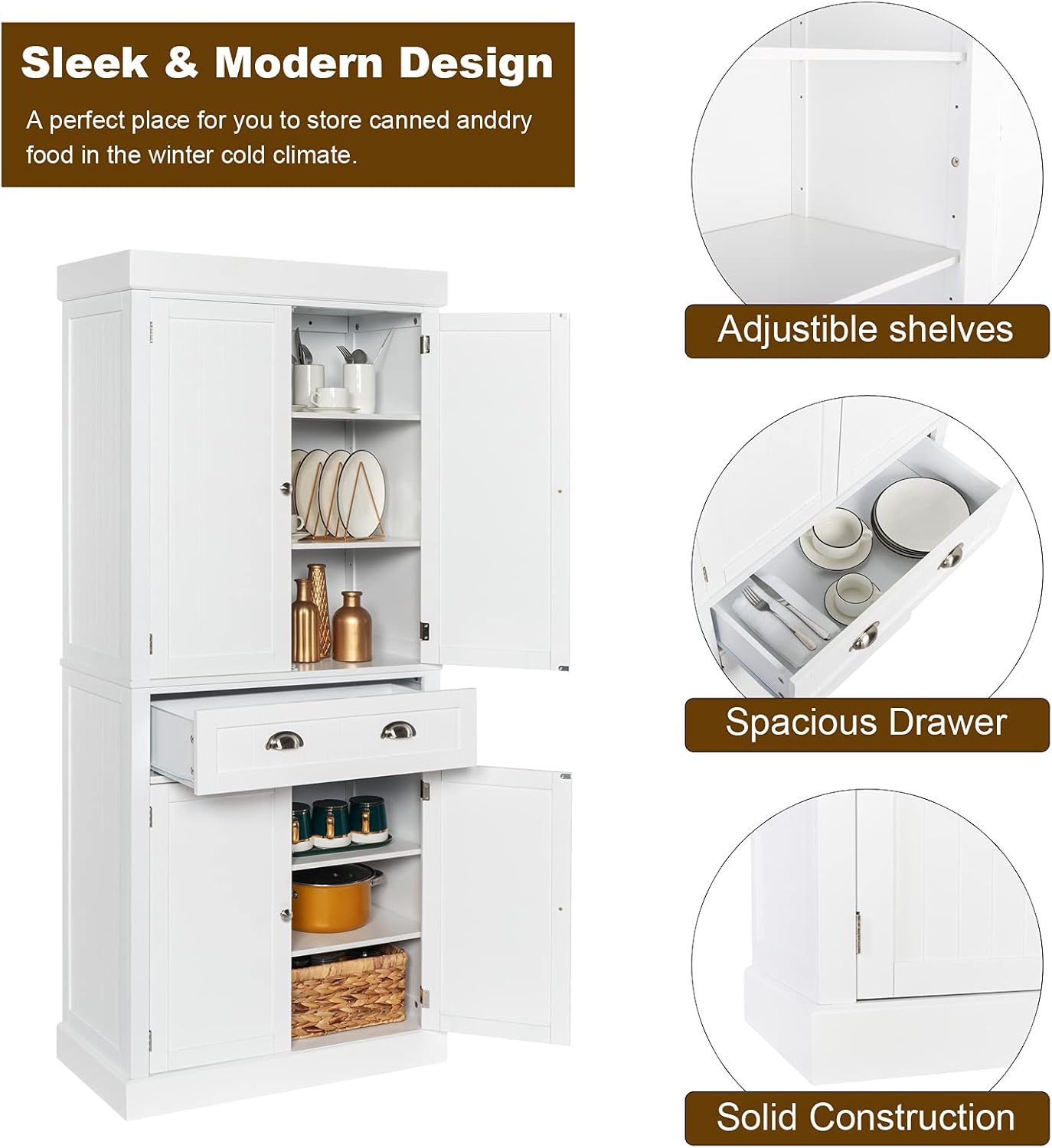 Freestanding Kitchen Pantry Cabinet with Doors and Shelves, White X325899
