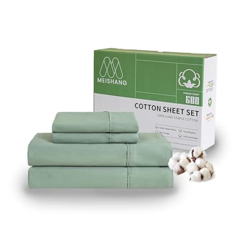 MEISHANG Cotton Sheets Queen Size - 100% Cotton 600 Thread Count Sheets, Soft Breathable Cooling Sateen Egyptian Cotton Bed Sheets with Deep Pocket, 4 Pieces Set Sage Green