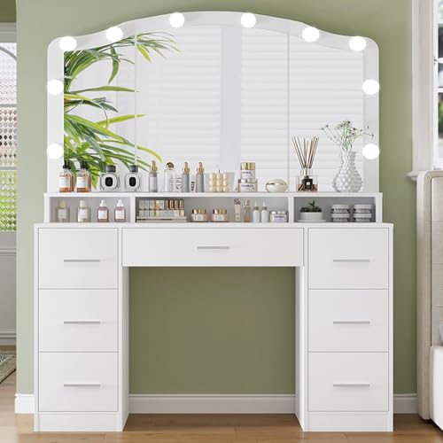usikey 43.3" Vanity Desk with Large Lighted Mirror, Makeup Vanity Table with 7 Drawers & 10 Lights Bulbs, 3 Lighting Colors, Make Vanity Desk, Vanity Table for Women Girls, White