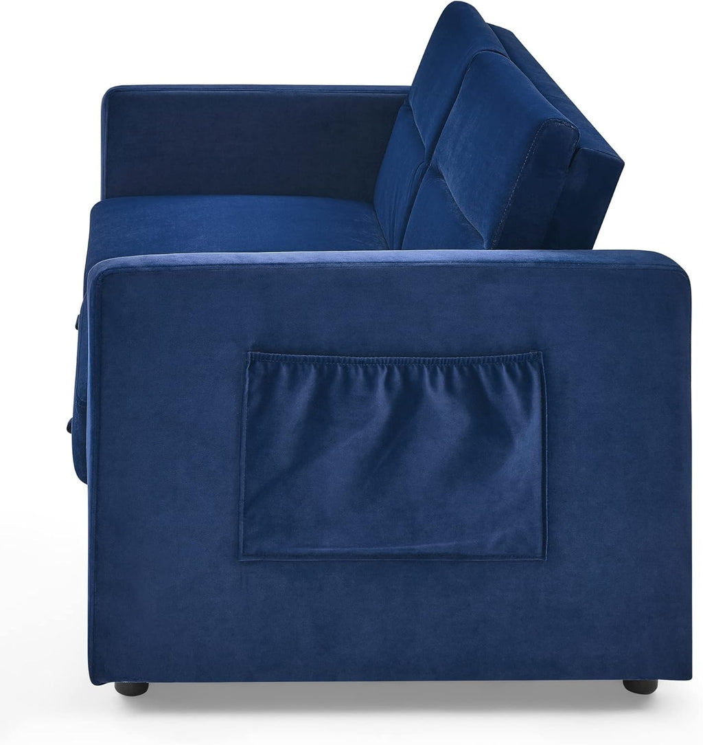 Futon Couch Pull Out Sleep, 2 Seater Convertible Sofa with Adjustable Backrest, Blue Velvet H50307