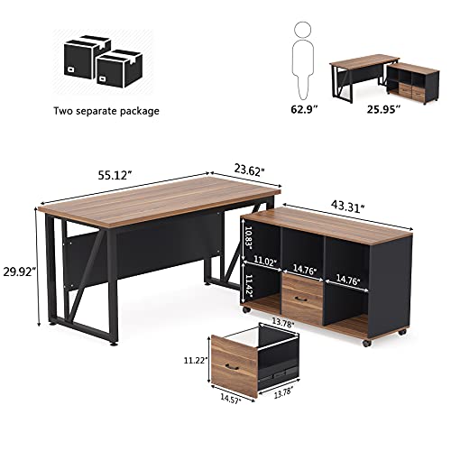 Executive Desk with Lateral File Cabinet, L-Shaped Computer Desk with Drawers and Shelves J291244