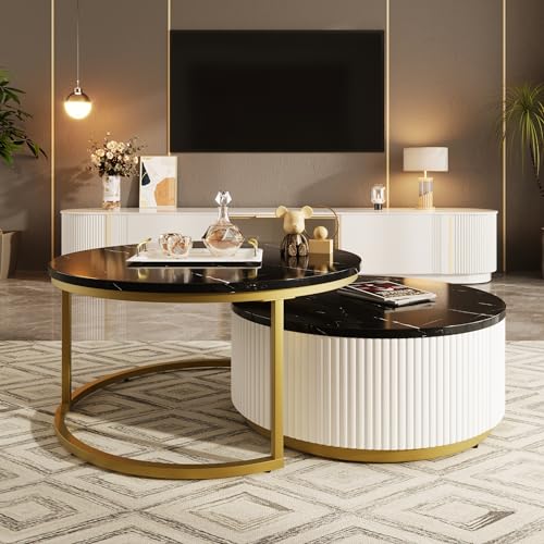 Modern Round Nesting Coffee Table Fluted with Drawer in White & Gold in 31.5''
