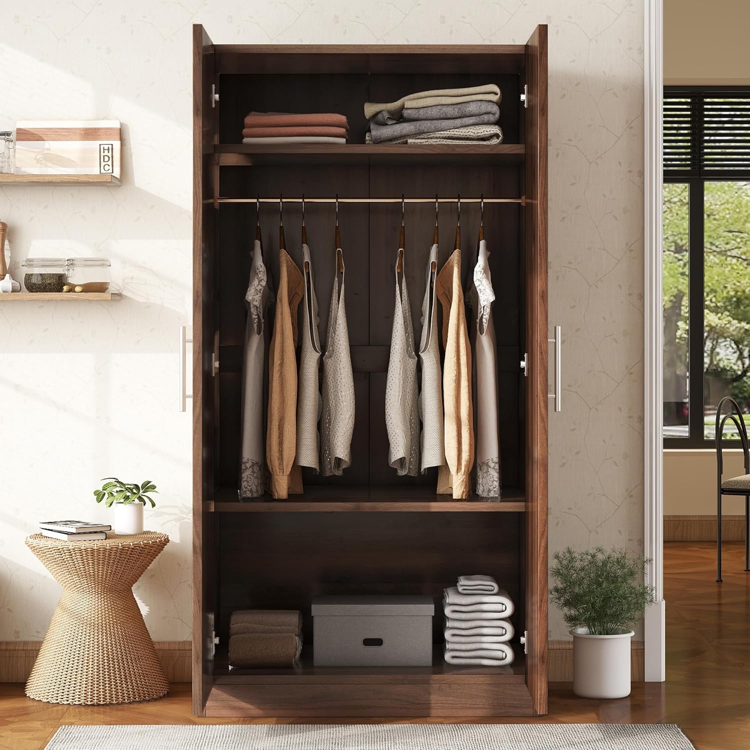 Freestanding Mirror Wardrobe with 2 Drawers & Shelves, Armoire Storage Closet w/Hanging Rod, Bedroom Clothes Cabinet Organizer, for Home/Wulnut, Brown