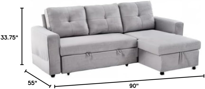 Living Room Sectional Furniture Small 90" Reversible Pull Out Sleeper L-Shaped Sectional, Corner Sofa-Bed with Storage Chaise Left/Right Handed, for Living Room Funiture, Gray,