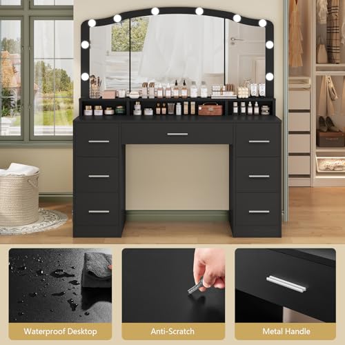 Vanity Desk with Lighted Mirror, 7 Drawers, 3 Lighting Colors, White X572