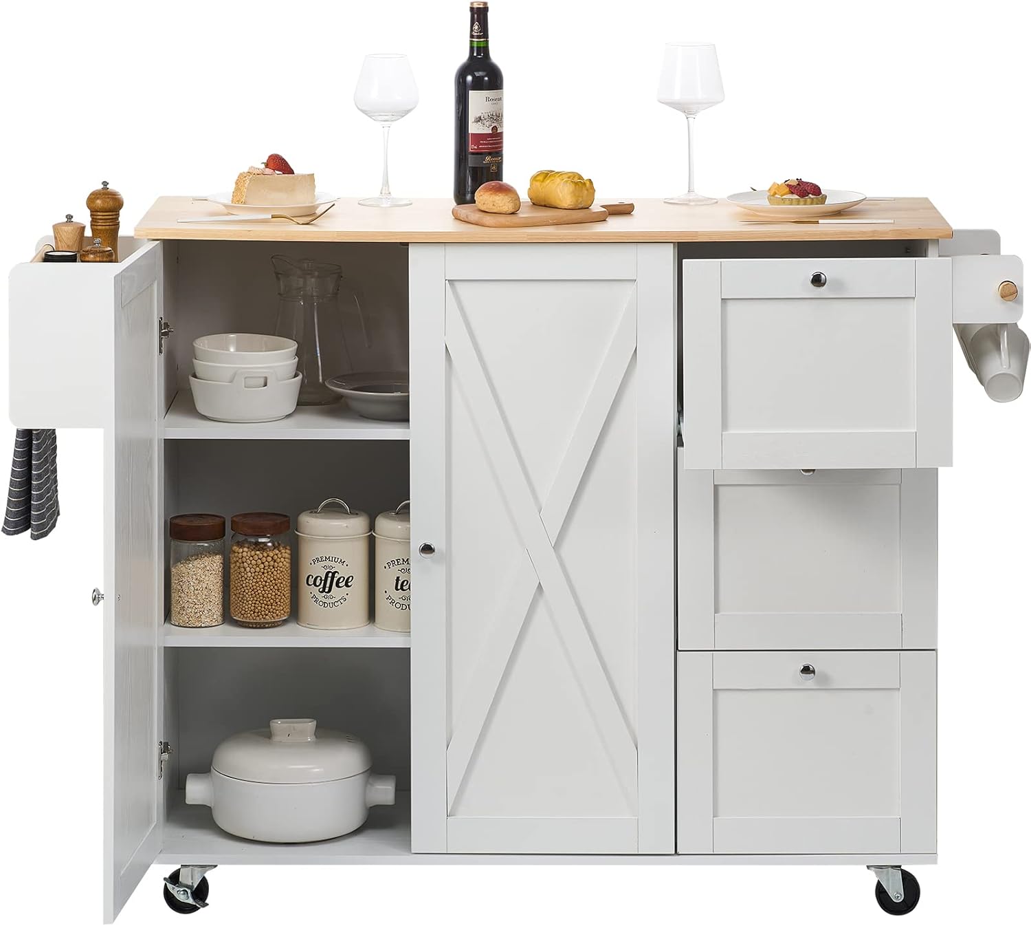 Kitchen Island Cart with Solid Wood Top, Rolling Storage Cabinet, White F7036