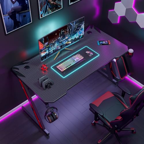 L Shaped Gaming Desk, 51 Inch Corner Computer Table with Monitor Stand, Carbon Fiber Surface, Black C322