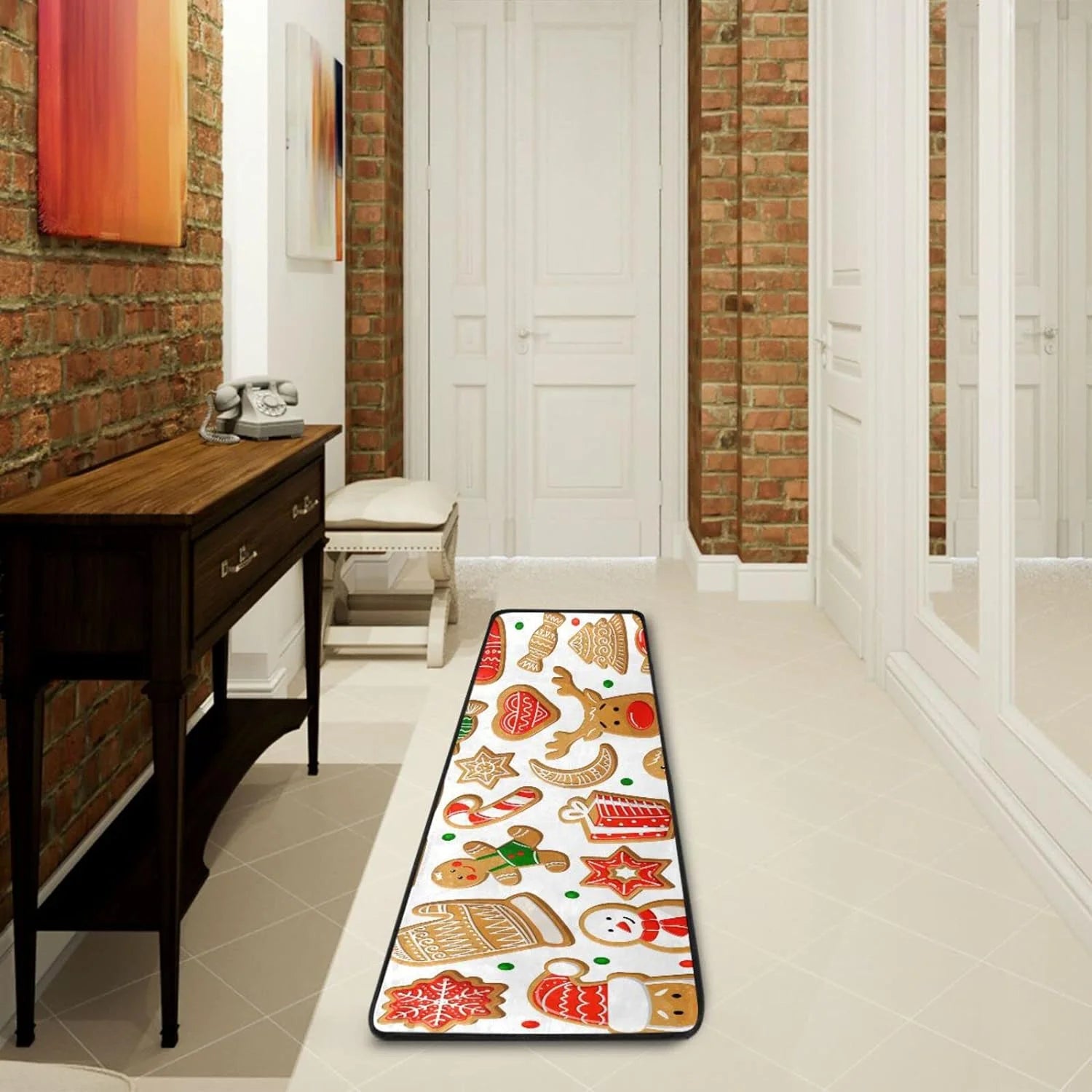 Gingerbread Cookie Christmas Runner Rug with Rubber Backing, Non Slip Washable Hallway Carpet C9917