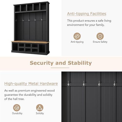 Wide Entryway Hall Tree with Storage Bench and Coat Rack, Black Q955087