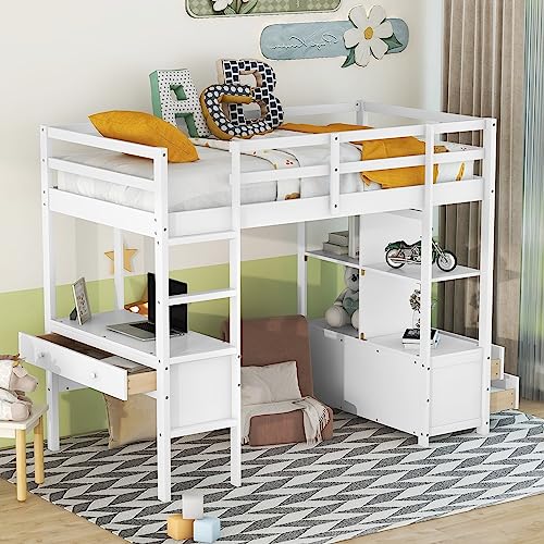 Full Size Loft Bed Frame with Desk and Storage, Solid Wood P683