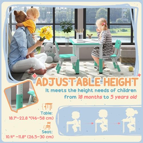 Kids Table and Chairs Set, Height Adjustable Toddler Furniture with Storage, Green J4290