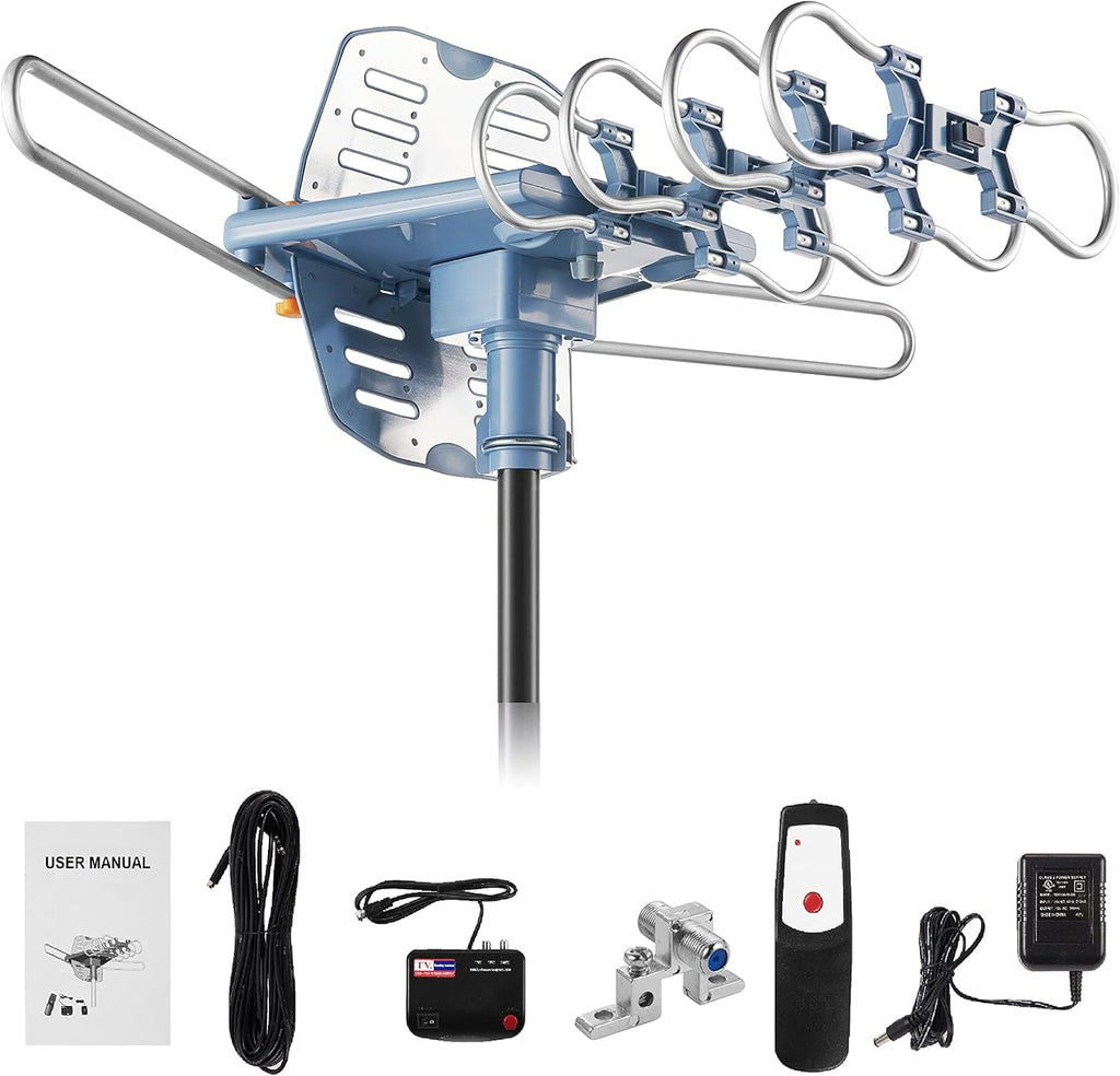 HDTV Antenna Ampilfied Digital Outdoor Antenna&4K/1080p High Reception-60FT RG6 Coaxial Cable-150 Miles Range-360 Degree Rotation Wireless Remote-Snap-On Installation Support 2 TVS