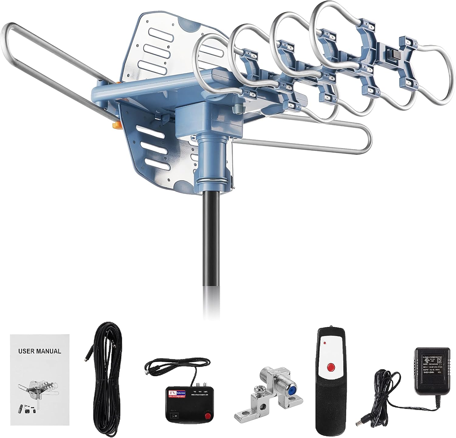 HDTV Antenna Ampilfied Digital Outdoor Antenna&4K/1080p High Reception-60FT RG6 Coaxial Cable-150 Miles Range-360 Degree Rotation Wireless Remote-Snap-On Installation Support 2 TVS