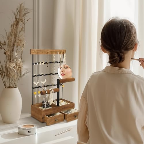 Jewelry Holder Organizer with Mirror, 9 Hooks and 2 Drawers U4195
