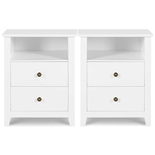 Vikiullf White Nightstands with Drawer - Set of 2 Modern Bedroom Night Stands, Wood Bedside Tables with 1 Storage Drawer and Open Shelf, 23.8”H
