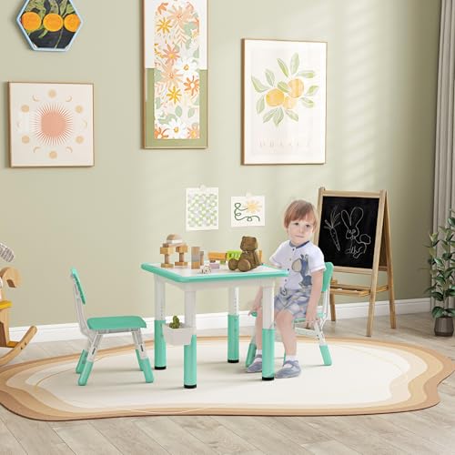 Kids Table and Chairs Set, Height Adjustable Toddler Furniture with Storage, Green J4290