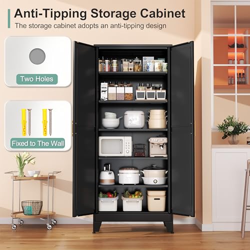 Metal Pantry Cabinet with 2 Doors and 5 Adjustable Shelves, 75" Kitchen Storage, White K306