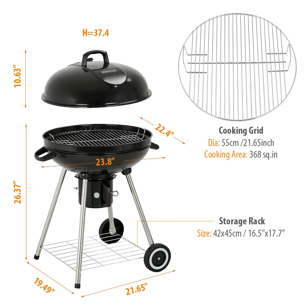 22" Round Portable Charcoal Kettle Grill with 2 Wheels, Black N78983