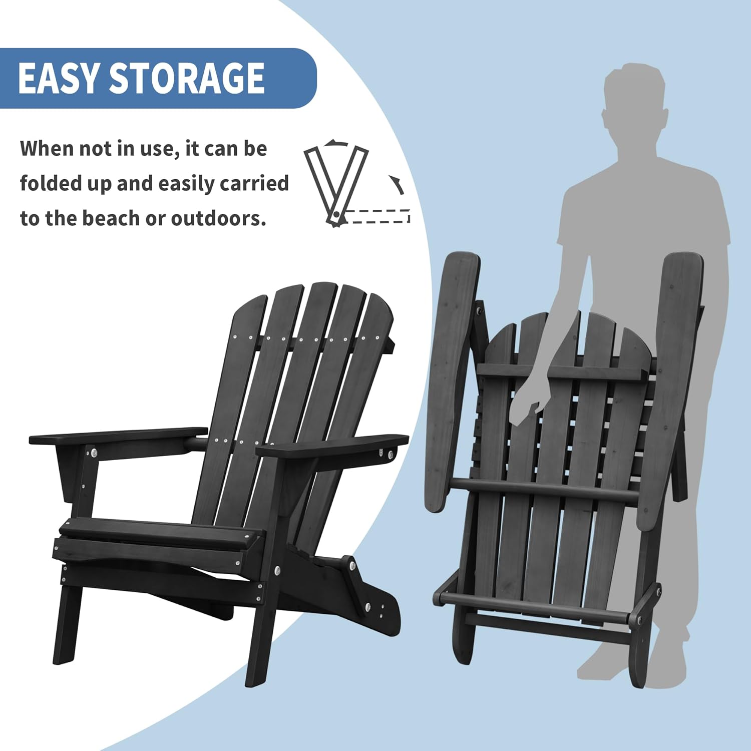 Outdoor Folding Wood Adirondack Chair for Patio, Porch, Garden, and Pool C4843