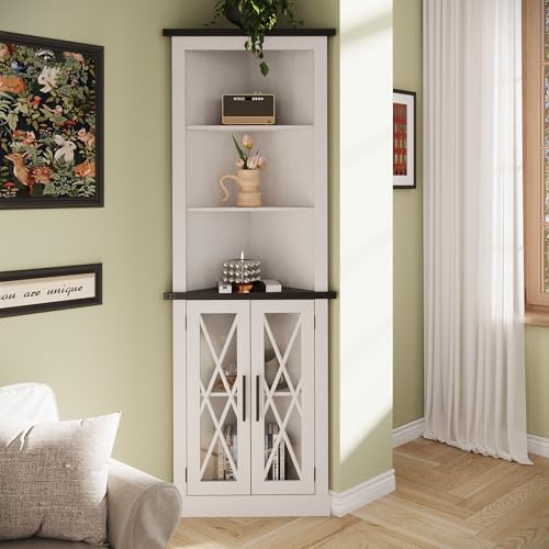 Maupvit 66.8" Tall Corner Cabinet with 2 Glass Doors, Modren Storage Cabinet with Adjustable Shelves, Freestanding Corner Display Cabinet for Living Room, Bathroom, Hallway, White