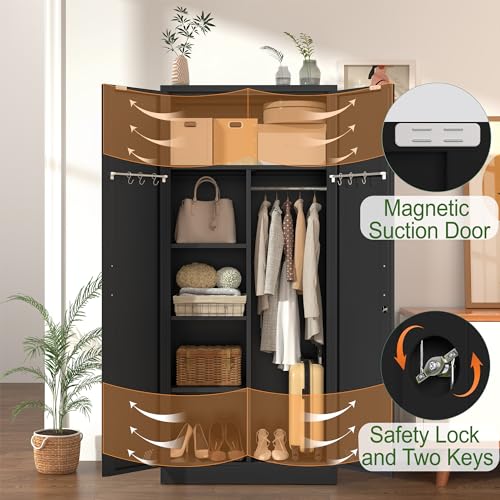 Metal Armoire Wardrobe Closet with 2 Doors, Shelf and Hanging Rod T853671