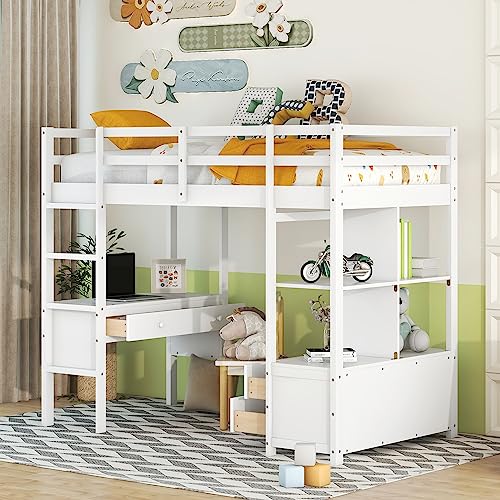Harper & Bright Designs Full Size Loft Bed Frame with Desk and Storage, Solid Wood Loft Bed with Bookshelf and Drawers, for Kids Teens Adults - White