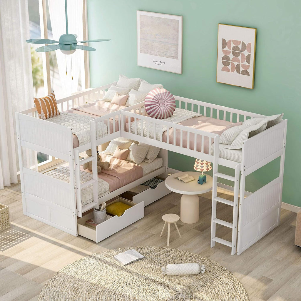 L-Shape Corner Triple Bunk Bed with 2 Drawers and Storage L859606