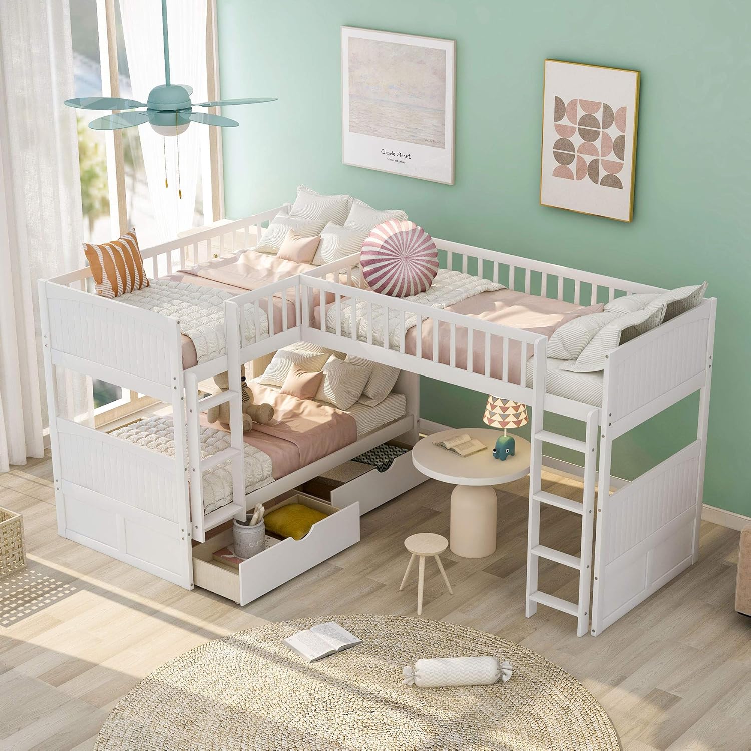 L-Shape Corner Triple Bunk Bed with 2 Drawers and Storage L859606