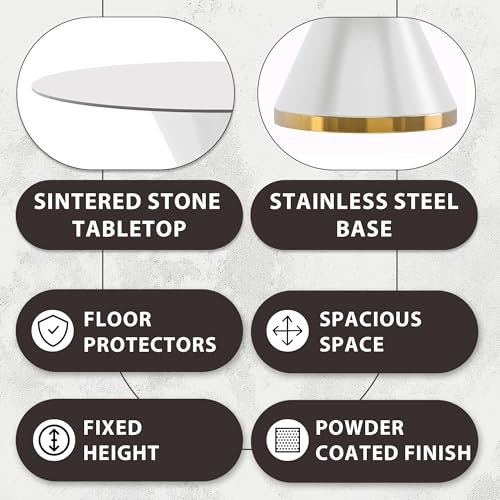 Modern Dining Table with Round Glass or Sintered Stone Top, White Steel, Seats 6-10, 60" Wide, Black G857478