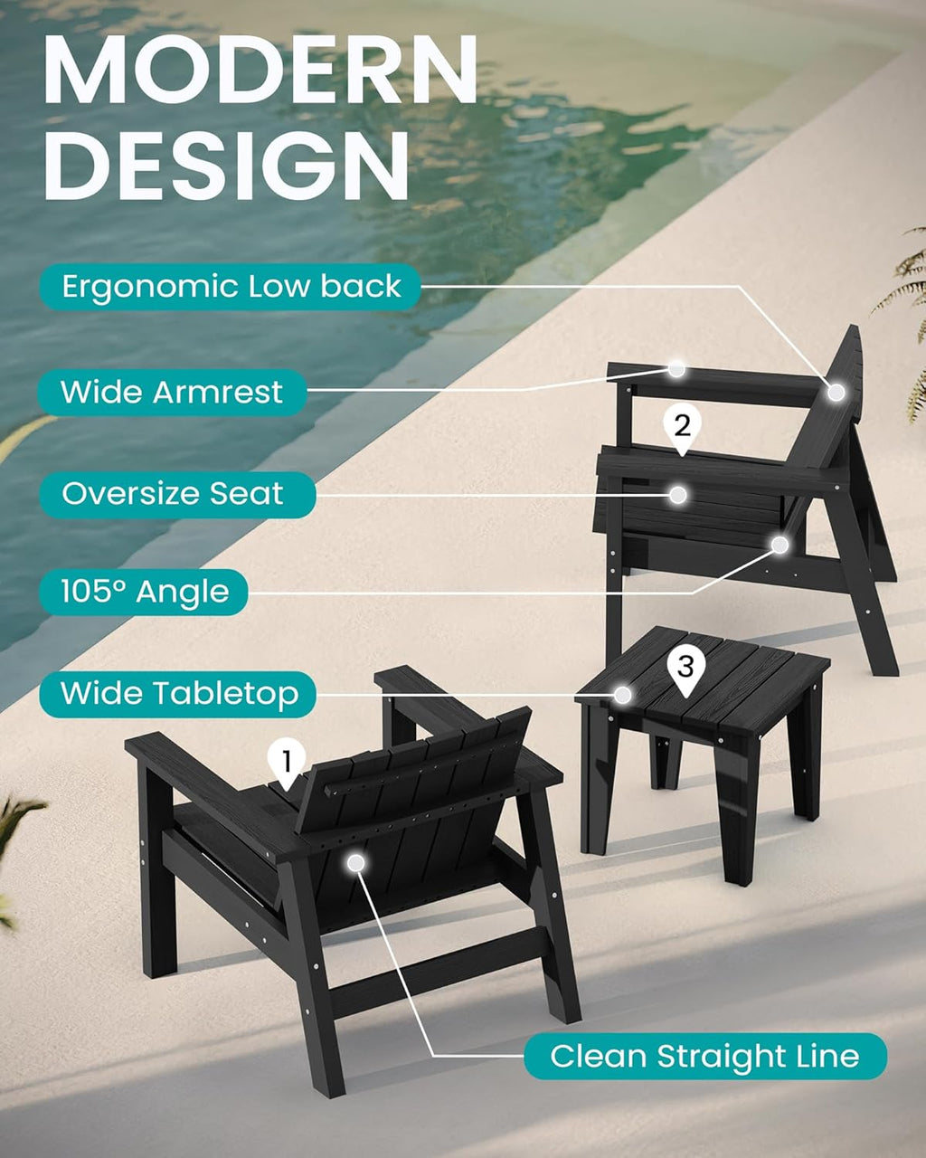 3 Piece Patio Bistro Set with Side Table, 2 Adirondack Chairs and 1 Table O534039