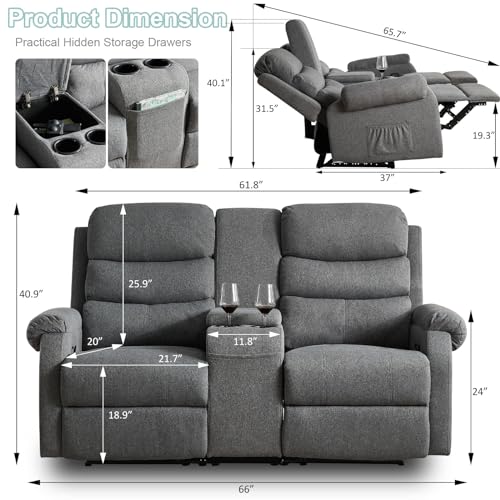 Reclining Loveseat with Console, 2-Seater Manual Recliner Sofa for Living Room H882662