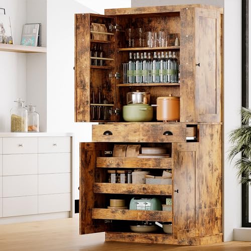 Kitchen Pantry Cabinet with Sliding Storage Rack and Hanging Shelves, 72" Tall Freestanding Cupboard E53271